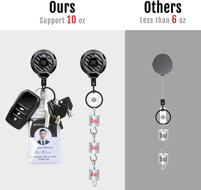 MNGARISTA Upgraded Heavy Duty Retractable Keychain with Belt Clip, 10 OZ Retraction, 31.5" Stainless Steel Cord Key Chain, 3K Carbon Fiber ID Badge Reel Holder with Badge Strap and Key Ring, 2 Pack