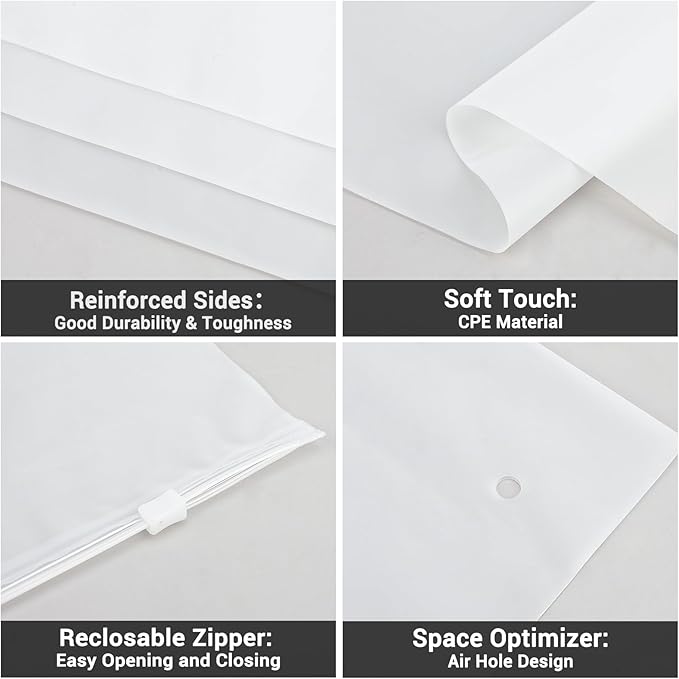 Svaldo Clothing Bags, 100 Count 16x20 inch Extra Large Frosted Zipper Plastic Bags for Clothes, Sweater Dress, Jeans, Jacket, T Shirt Packaging Shipping, 3 Mil, with Vent Holes