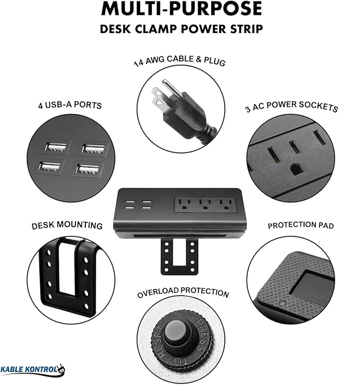 Kable Kontrol Desk Clamp Power Strip with 4 USB-A Ports, Nightstand Charging Station, 3 AC Outlets, Fast Charger, Easy Installation for Home, Offices, Hotels – 4.9 Ft, Black, 20 Pcs