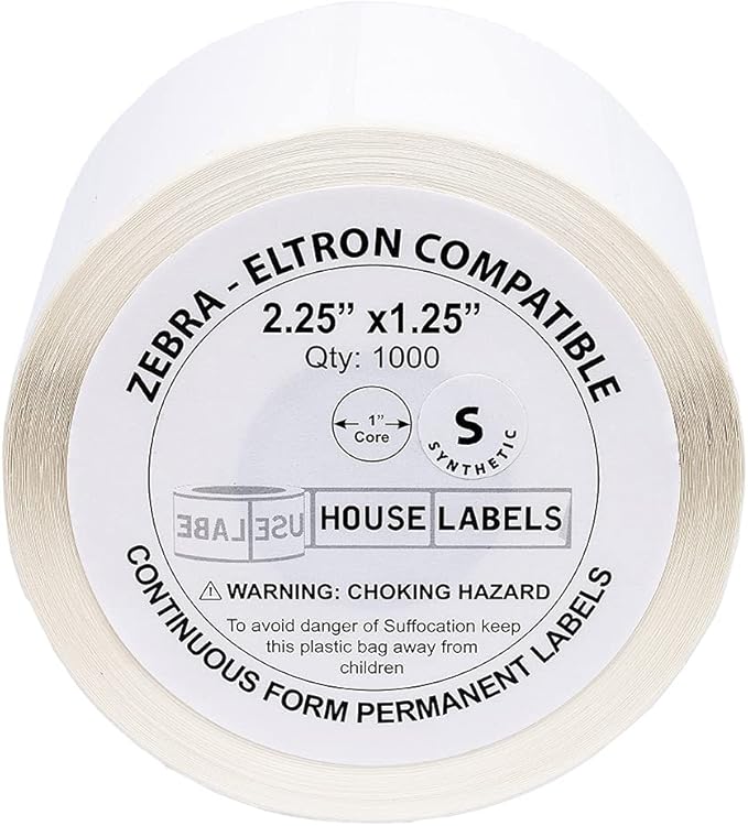HOUSELABELS 2.25" x 1.25" Address Labels on 1" Core in Polypropylene Compatible with Zebra and Rollo Printers, 12 Rolls / 1,000 Labels per Roll