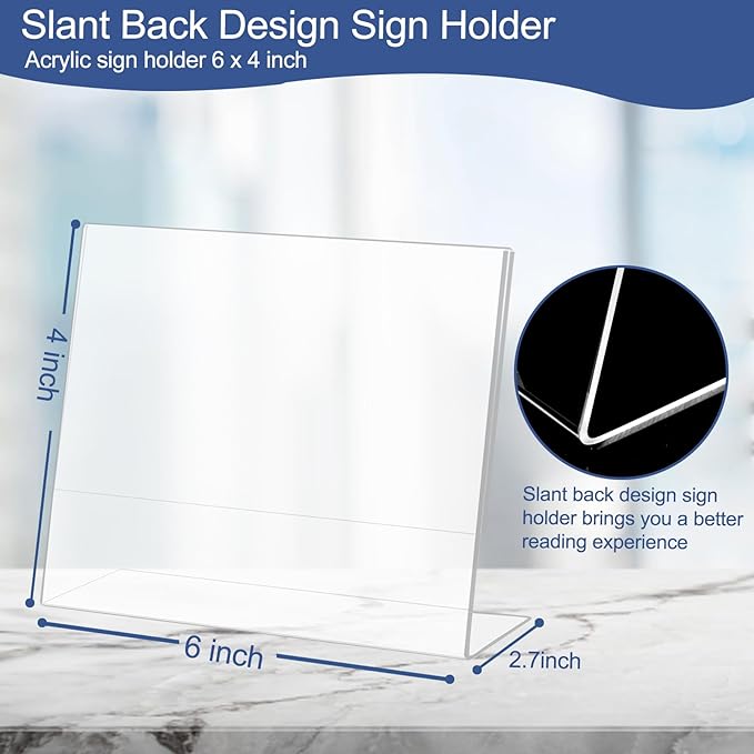 Wbtran Slanted Back Acrylic Sign Holder 6 x 4, Acrylic Stands for Display Frame, Clear Plastic Tabletop Paper Sign Holder for Office, Home, Restaurant (6 Pack 6x4 Inches)
