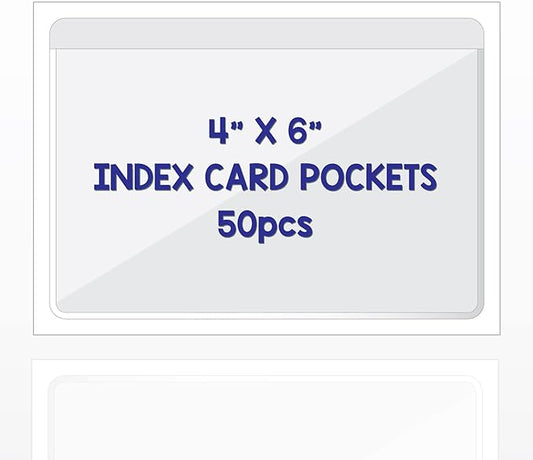 Clear Adhesive 4" x 6" Index Card Pockets with Top Open for Loading, 50 Pack, Plastic Labels Holders for Storage Bins and Library Card, Organizing and Protecting Your Index Cards or Photos