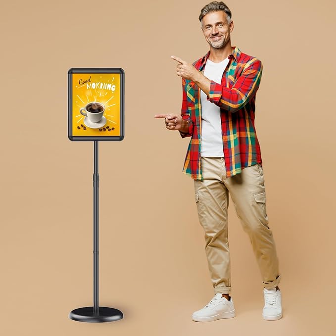 Newzueby Adjustable Pedestal Floor Stand Sign Holder for 8.5 x 11 inches Poster, Snap open frame, Outdoor Indoor Standing Display Sign Holders. (2 Pack)