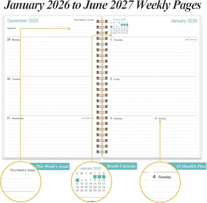 2026-2027 Planner - 18 Months Weekly & Monthly Planner from January 2026 - June 2027, Spiral Planners 2026-2027 with Elastic Closure, Inner Pocket, Medium 5.8" x 8.3", Teal Flower