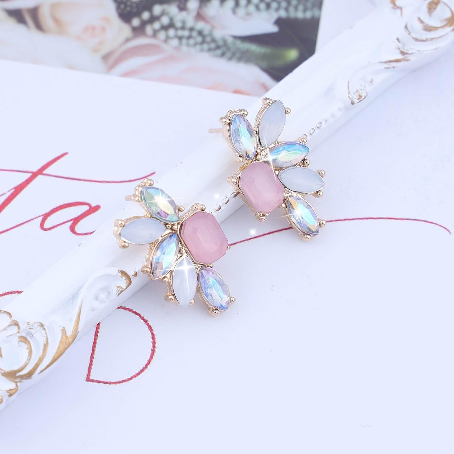 Vintage Rainbow Crystal Drop Earrings Colorful Crystal Earrings Rainbow Rhinestone Stud Earrings Pink Cz Square Earrings Jewelry for Women