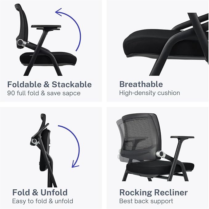 SLKJChr 4 Pack Foldable Office Chairs with Wheels, Mesh Back, Arms and Portable - Folding Office Chairs for Conference Room Chair, Office Guest & Reception & Meeting Chair - (Black) 300 lbs.