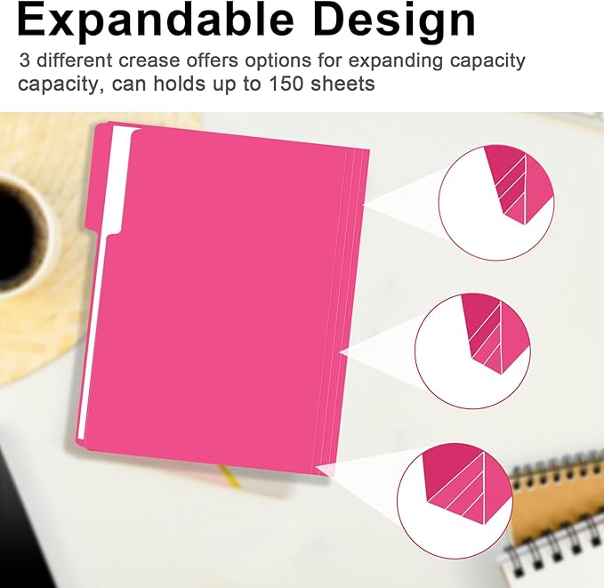 File Folder, RAZCC 150 Pack 1/3 Cut Tab File Folders Letter Size, Magenta, Folders with Tab, Great for Organizing and Easy File Storage