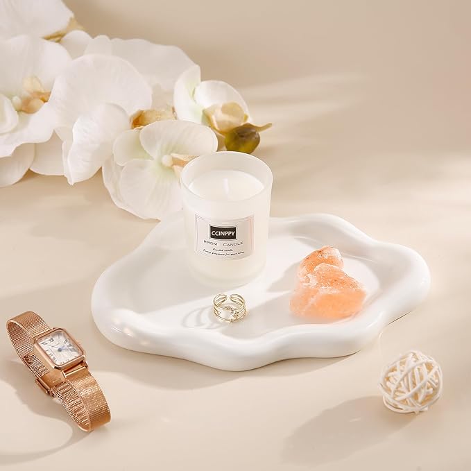 CCINPPY Ceramic Jewelry Tray Trinket Dish, Decorative Cloud Vanity Key Tray for Women, Ring Holder Dish, Cute Jewelry Plate Bowl Room Decor Aesthetic, White, Medium