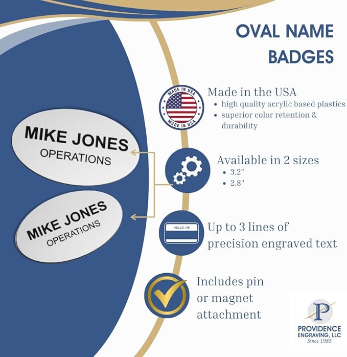 Custom Engraved Name Tag Badges – Personalized Identification with Pin or Magnetic Backing, 2.8 Inch Oval, Radiant Gold/Black