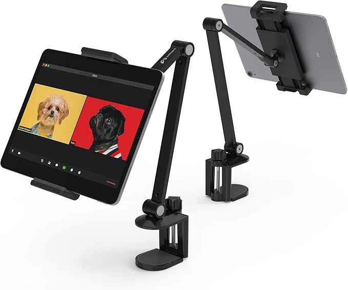 iPad Desk Mount, Adjustable Tablet Holder Clamp, 360 degree Rotation, Sturdy Aluminum Tablet Arm Mount for 4.7"-13" iPad Pro/Air/Mini, iPhone, Galaxy Tab, for Kitchen, Work, Video Call(Black)