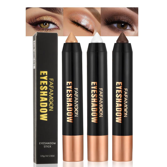 3Pcs Monochrome Cream Shimmer Glitter Eyeshadow Pencil Stick for Women, Eye Shadow Eyeliner Pencil Sticks Makeup, sombras para ojos, Waterproof, Vegan & Cruelty-Free, (01+02+06, 3Pcs)