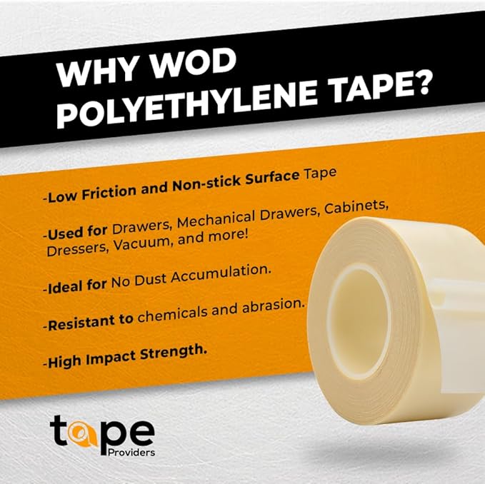 WOD SPT7A UHMW Polyethylene Transparent Film Slick Tape, 1.5 inch x 10 ft. Aggressive Adhesive - Ideal For Squeak Reduction, Drawers, and Bearings