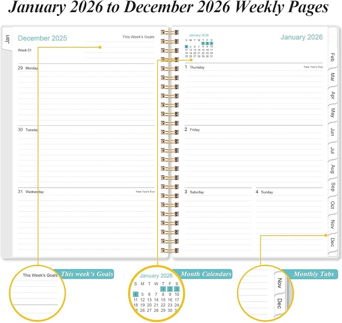 2026 Planner - Planner 2026 from January 2026 - December 2026, Weekly & Monthly Planner Spiral Bound with 12 Monthly Tabs, Inner Pocket, 6.4" x 8.5", Blue Flower