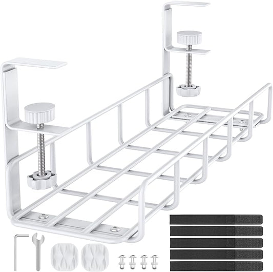 15.7” Under Desk Cable Management Tray, No Drill Steel Cable Tray Organizers, Wire Management Tray Cable Rack with Clamp Mount, Metal Under Desk Tray with Wire and Cord Organizer (White, 1 Pack)