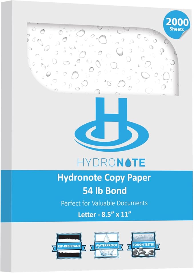Terraslate Waterproof Paper - Hydronote 54lb Multipurpose Copy Paper 8.5” x 11”, Bulk White Paper, 2000 Sheets Inkjet Printer and Laser Printer Paper Compatible - Weather/Rain Proof, Durable