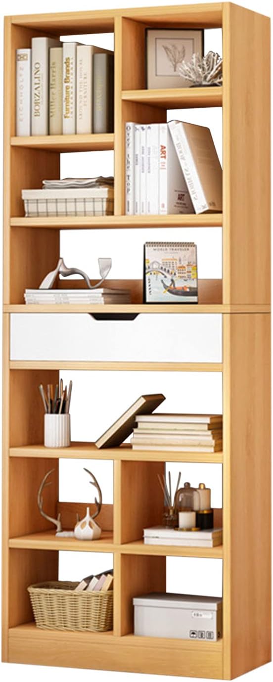 IOTXY Wooden Open Shelf Bookcase - 71 Inches Tall Freestanding Display Storage Cabinet Organizer with 10 Cubes and a Drawer, Floor Standing Bookshelf in Maple Yellow