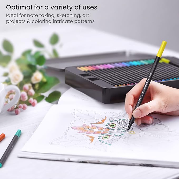 ARTEZA Inkonic Fineliners Pens, Set of 72, 0.4 mm Fine Tip Markers, Water-Based Art Pens for Drawing, Sketching, Journaling, Calligraphy