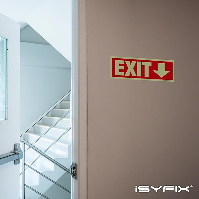 iSYFIX Exit Signs with Directional Down Arrow - 2 Pack 12x4 Inch Glow in the Dark for Business, School, Office, Warehouse - Durable 40 Mil Polystyrene, UV Laminated, Waterproof, Scratch & Fade Resistant
