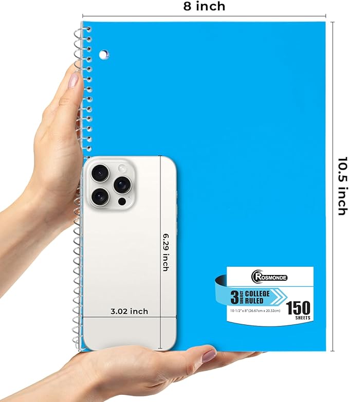 Rosmonde 36 Pack 3 Subject Spiral Notebook College Ruled Bulk, Thick Paper, Extra Pages - 300 Pages (150 Sheets), 8 x 10-1/2", Bulk Spiral Journal for School, 3 Hole Punched, Bulk Subject Notebooks