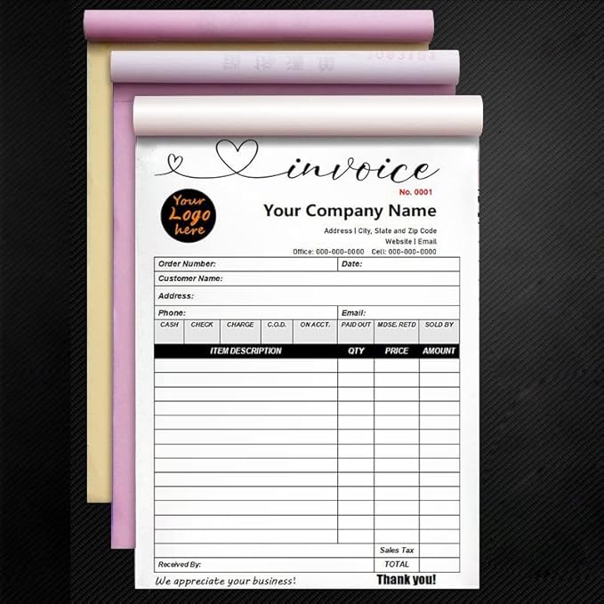Custom Carbonless Sales Invoice Form Books for Small Business, Personalized NCR 2-Part Receipt Book with Carbon Copies, Cover Add Company Name, Address and Number Printed