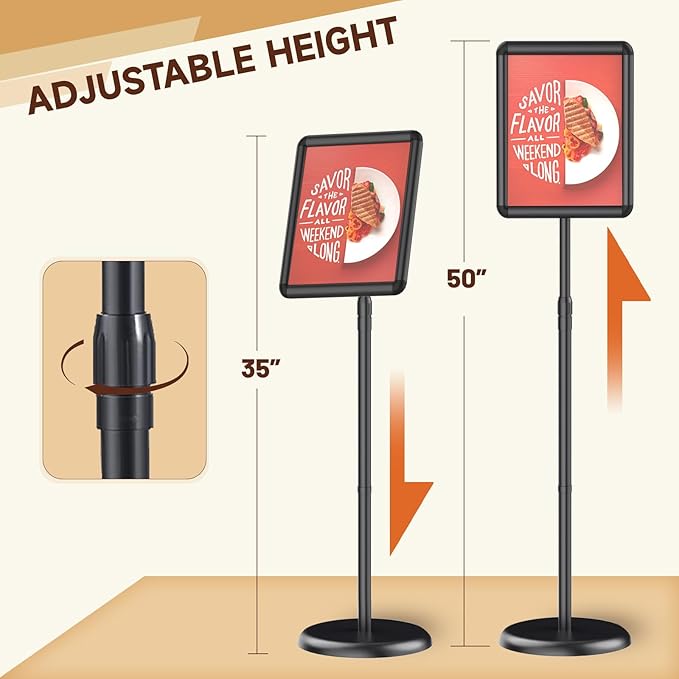 Newzueby Adjustable Pedestal Floor Stand Sign Holder for 8.5*11 inches Poster or chalk board, Snap open frame,360° Rotation,Outdoor Indoor Standing Display Sign Holders for advertising ,Black