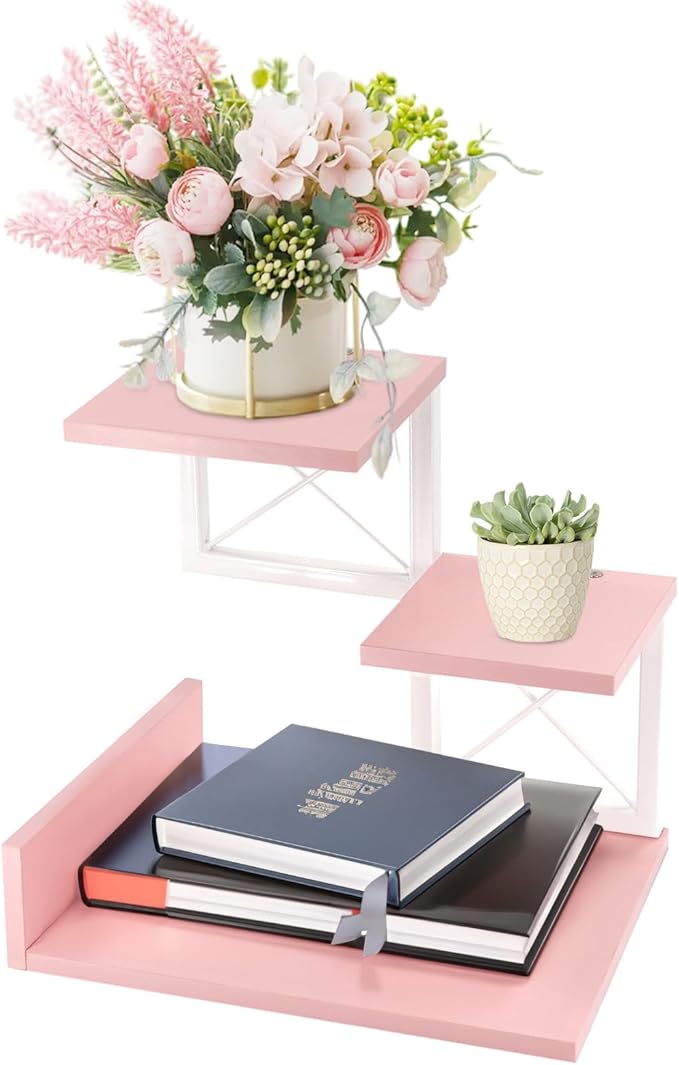 Jolitac Wood Desktop Shelf, Desktop Organizer Office Storage Rack Adjustable Wood Display Shelf 3 Tier Storage Display Rack Office Decor Stand Shelves with Metal Frame (Pink)