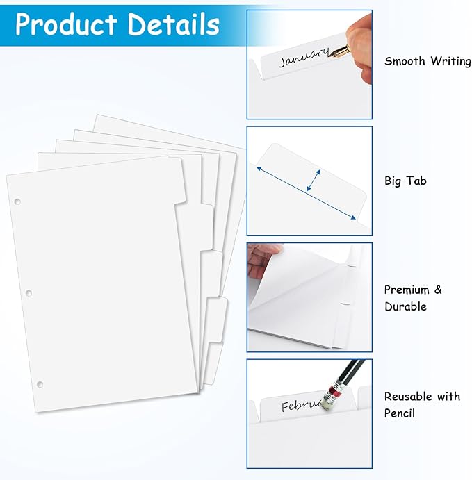 Binder Dividers for 3 Ring Binder, 1/5 Cut Tabs, Letter Size, Blank Write On Page Dividers with 5 Big Tabs for School Office Home, 4 Sets, 20 Dividers, White