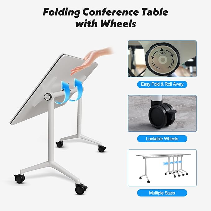 Goakwwuz Conference Room Table, Folding Conference Tables,Thicken Grey Tabletop,Flip Top Wooden Seminar Meeting Room Table for Conference Room Offices (4, White, 70.8”)