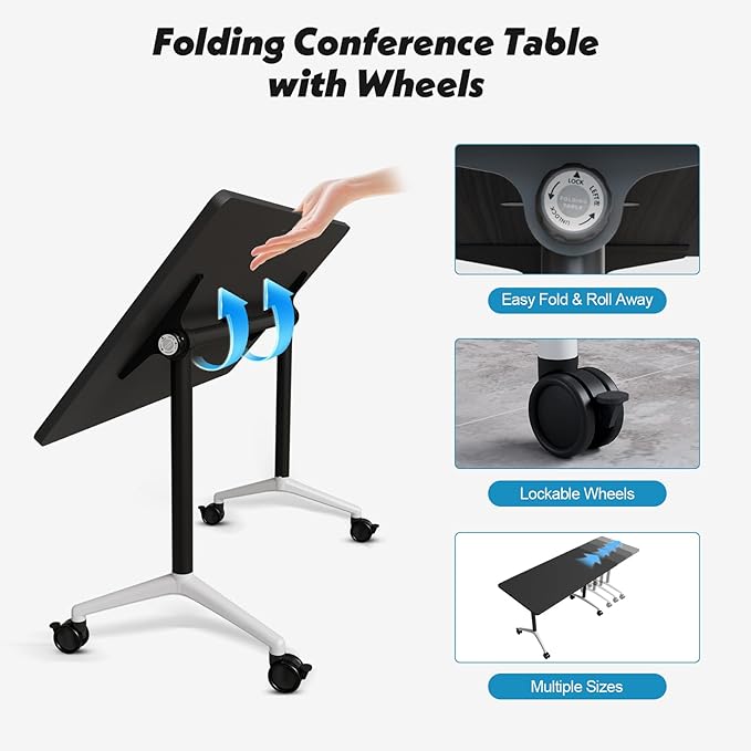 Goakwwuz Conference Room Table, Folding Conference Tables,Thicken Grey Tabletop,Flip Top Wooden Seminar Meeting Room Table for Conference Room Offices (8, Black, 61.0“)
