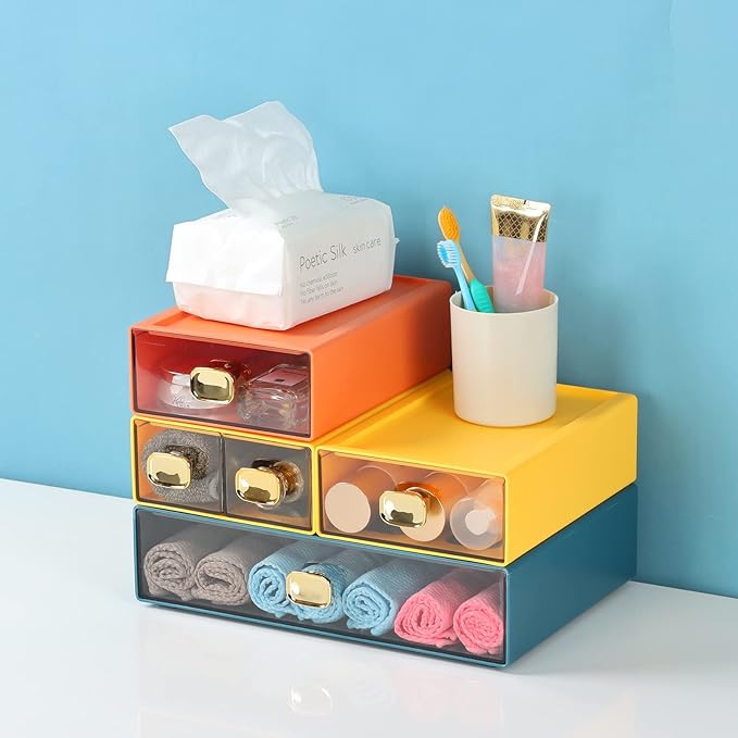 OSteed Spacious Desktop Storage Box, 1 Large 1 Middle & 2 Small Storage Drawers, Stackable Office Desk Drawer Organizer and Accessories, Printer Paper Organizer, Yellow Plastic Drawers for Workspace