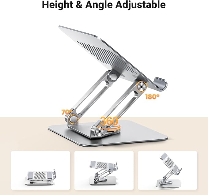 UGREEN Tablet Stand Holder for Desk with 360° Rotating Base Aluminum Dual Rod Support Adjustable Home Office Accessories Compatible with iPad Pro 13 12 11 Air Mini 5 4 3 Phone E-Reader Silver