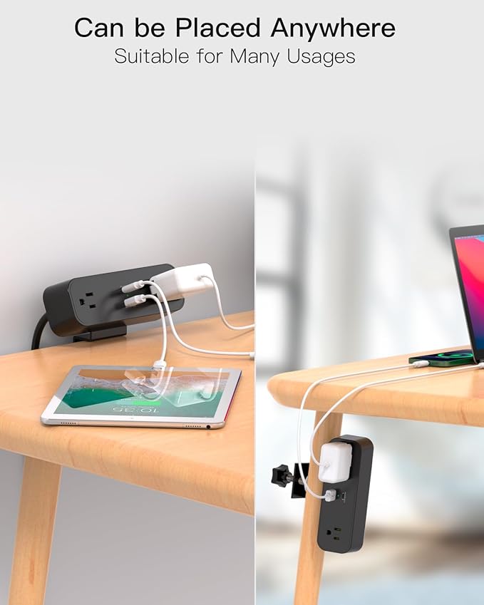 Desk Clamp Power Strip 10ft Flat Plug Extension Cord with USB C, 2 Outlets, Surge Protector USB C (PD 20W), USB A(QC 18W) Fast Charging Ports,Table Outlets for Home, Office, Black
