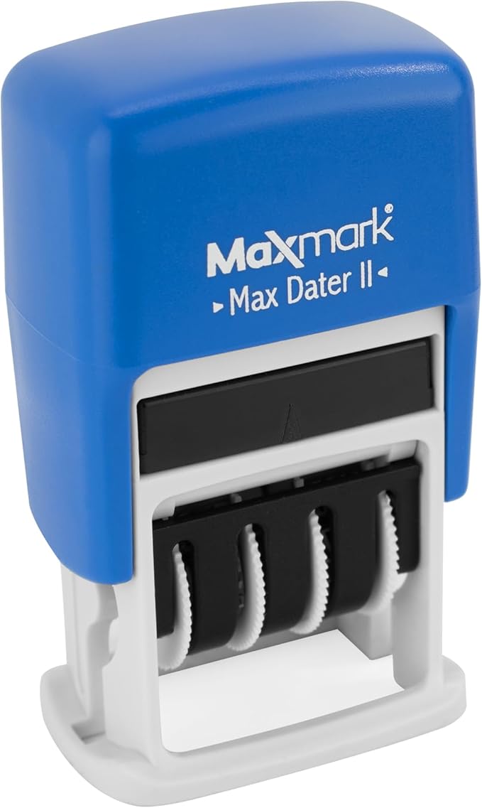 MaxMark Self-Inking Rubber Date Office Stamp with Approved Phrase & Date - Blue Ink (Max Dater II), 12-Year Band