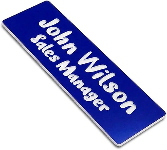 Custom Engraved Name Tag Badges for Business, Personalized Identification with Pin, Magnetic, Adhesive, or Blank Backing, 1"x3", Blue/White Text