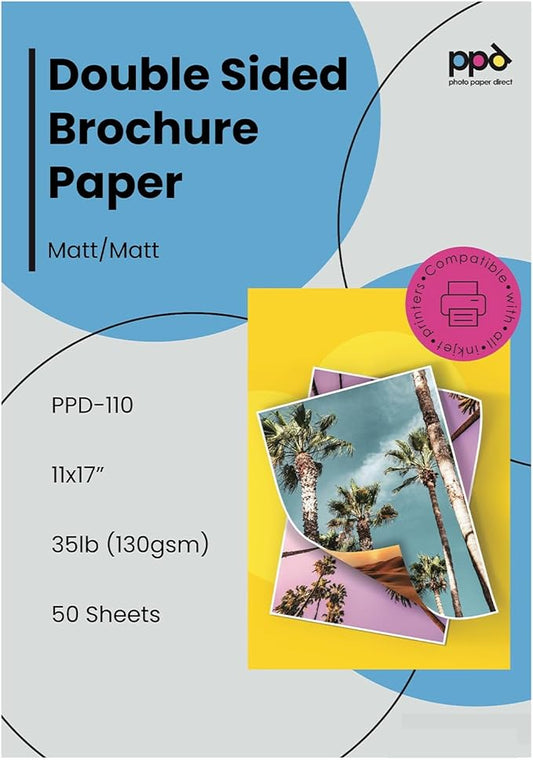 PPD Double Sided Photo Paper, Matte Brochure Paper 11 x 17 for Inkjet Printer, 130 gsm, 6.3 mil Thick for Magazine, Flyer, Presentation, Program, Instant Dry & Water Resistant (50 Sheets)