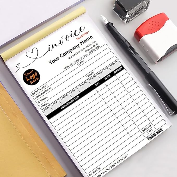 Personalized Invoice Book Custom 2 Part/3 Part Receipt Book Quote Estimate Order Forms Carbonless Form with Your Company Name Logo Address,2-10 Books (Style 19)