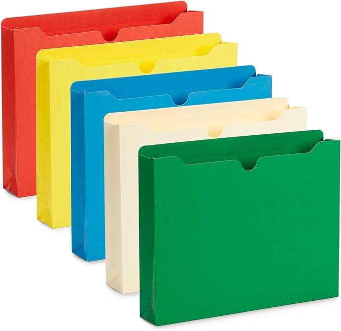 Blue Summit Supplies 2 Inch File Jackets, Expandable Folders, Heavy Duty 2 Inch Expansion Pocket File Folders Letter Size, Assorted Colors, Reinforced Straight Cut Tab,25 Pack