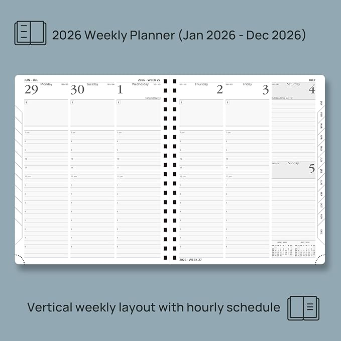 POPRUN 2026 Planner (Large - 8.5" x 10.5") with Hourly Schedule, Vertical Layout - 2026 Weekly Calendar (Jan. 2026 - Dec.2026) for Time Management, Monthly Tabs, Spiral Bound, Soft Cover - Grey