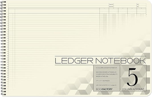 BookFactory Accounting Ledger Notebook/Large 5 Column Accounting Ledger Columnar (Five Columns) Log Book - 17'' x 11'', 100 Pages, Wire-O Landscape Format (Made in USA)