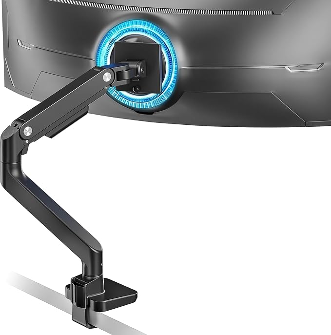 ARES WING Ultrawide Monitor Arm for 17 to 49 Inch Heavy Duty Curved Screen, Holds 44 Lbs, Adjustable Gas Spring Monitor Arm Desk Mount with C Clamp, Grommet Base, 75/100 Vesa Mount, Black