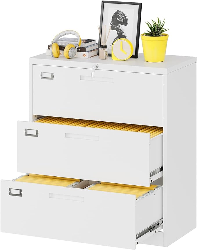 Fesbos Lateral File Cabinet with Lock, 3 Drawer Large Metal Filing Cabinet,Home Office Lockable Storage Cabinet for Hanging Files Letter/Legal/F4/A4 Size-Assembly Required