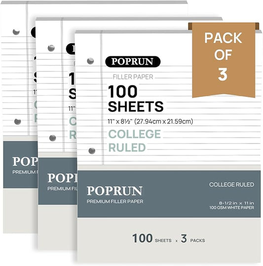 POPRUN Loose Leaf Paper, 8.5" x11" College Ruled, 100GSM / AA Grade Bulk Lined Filler Sheets, 3 Hole Punched for Binder Notebook, Office School Supplies, 3 Pack (300 Sheets)