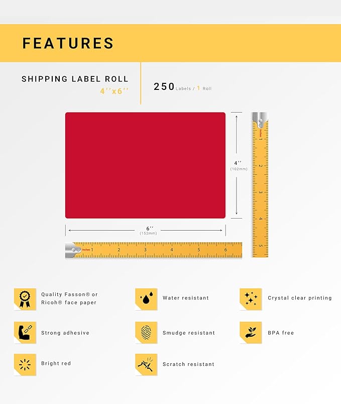 HOUSELABELS 4" x 6" Red Shipping Labels on 1" Core Compatible with Zebra and Rollo Printers, 15 Rolls / 250 Labels per Roll