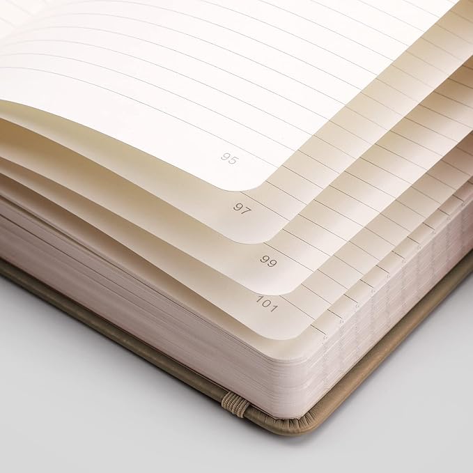 EMSHOI Lined Journaling Notebook - 120gsm Leather Journal with Sticky Notes & 256 Numbered Pages, A5 Hardcover College Ruled Notebook for Work, School, Writing, 5.75”x8.38” - Khaki