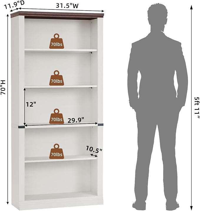 RWYHG 70" White Tall Bookshelf Set of 2,5-Tier Thick Wooden Book Shelf with Adjustable Shelves,Free Standing Farmhouse Bookcase with Open Display Storage,Floor Vintage Bookshelves for Living Room