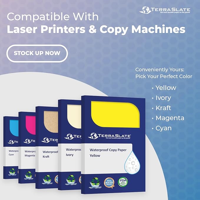 TerraSlate Waterproof Paper, Rip-Proof Colored Paper, Yellow, 25 Sheets, 5 Mil (24lb Bond), 8.5" x 11", Laser Printer and Copy Machine Compatible