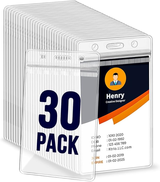 30 Pack ID Badge Holder - Vertical Badge Holder, 2.25" x 3.5" Clear Cards Holders for Lanyard, Plastic Sealable Waterproof, Name Tag Holder for Nurses, Office and School