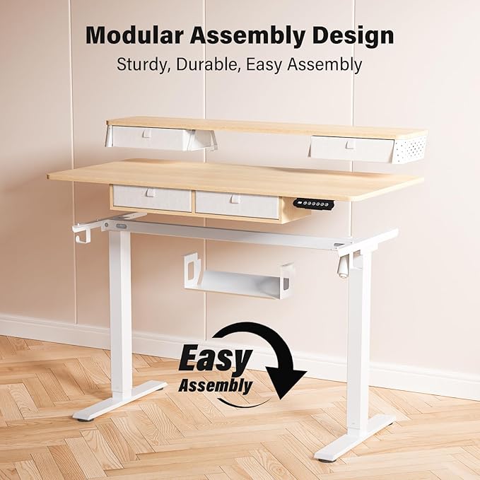 Kingant 55 x 24 Inch Electric Standing Desk with 4 Drawers, Height Adjustable Sit to Stand Computer Desk with Storage Shelf and C-Clamp Mount Compatibility for Home Office, Nature