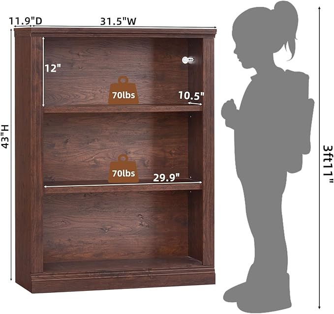 RWYHG 43" Walnut Tall Bookshelf Set of 3,3-Tier Thick Wooden Book Shelf with Adjustable Shelves,Free Standing Farmhouse Bookcase with Open Display Storage,Floor Vintage Bookshelves for Living Room