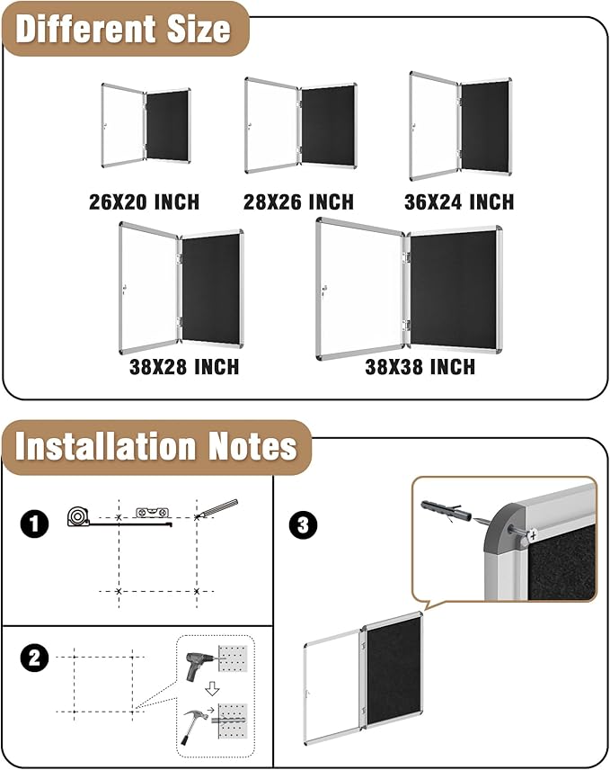 Mifuro 36"x24" Enclosed Bulletin Board, Lockable Weather-Resistant Aluminum Cork Noticeboard for School & Office, Silver Frame w/Black Flet